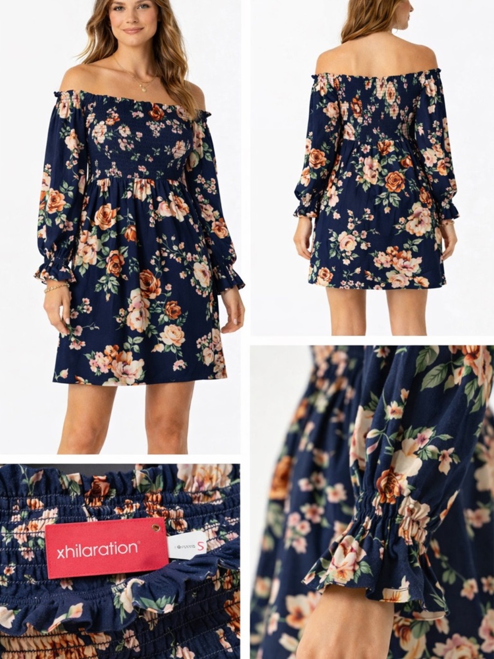 Xhilaration Navy Blue Floral Long Sleeve Dress - Picture 3 of 13